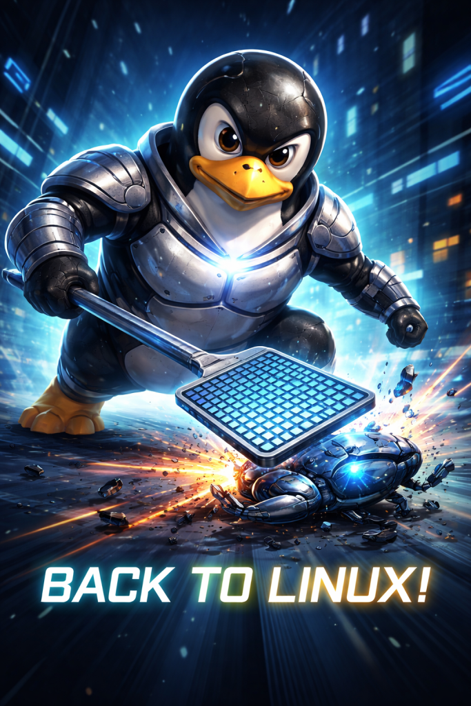 Tux besiegt den Bug im Cyberraum